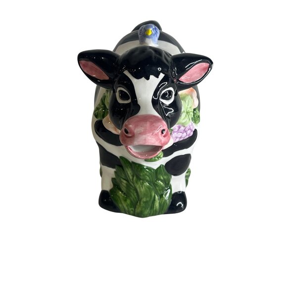 Vintage 1993 Wang's Ceramic Cow Teapot Black White Holstein Blue Bird on Back - Picture 2 of 6